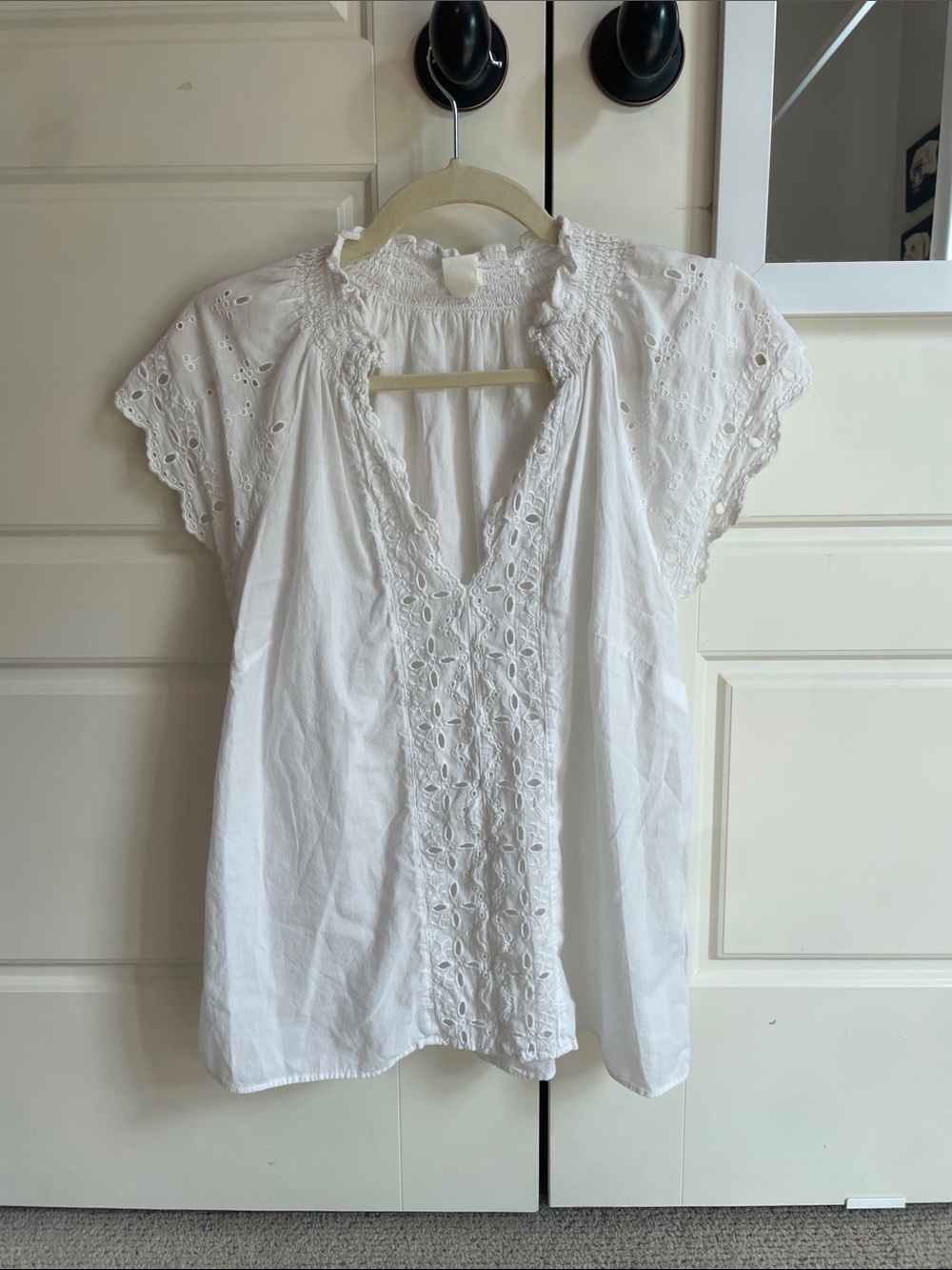H&M White Eyelet V-Neck Smocked Collar Blouse